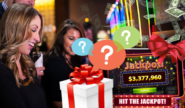 A promotional graphic for a casino jackpot, featuring a gift box, question marks, and a slot machine displaying a $3.3 million prize